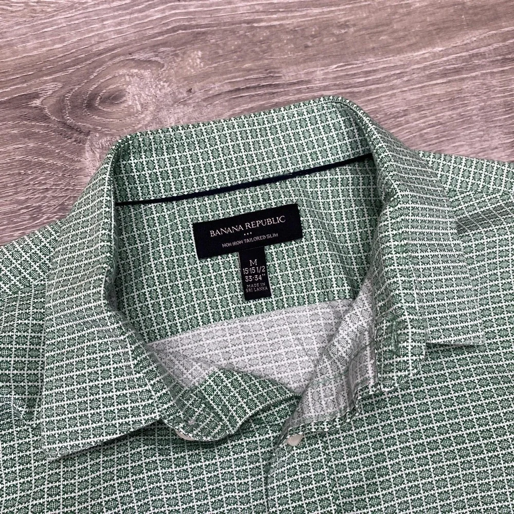 Banana Republic Shirt Mens Medium Green Non Iron‎ Tailored Slim Dress Geometric
